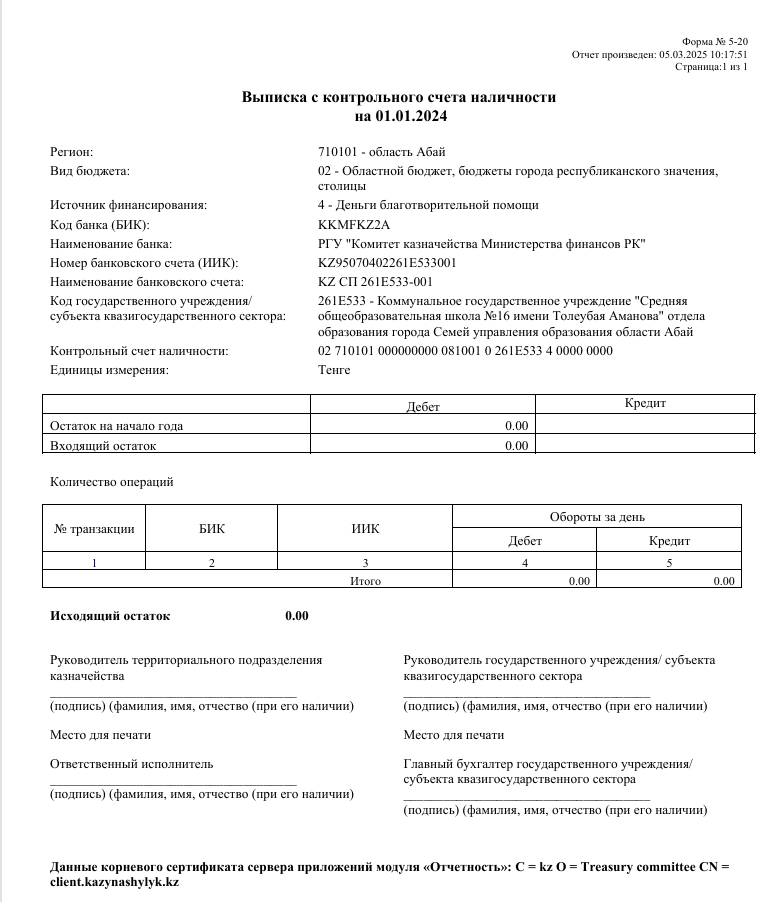 Выписка с контрольного счета наличности  на 01.01.2024