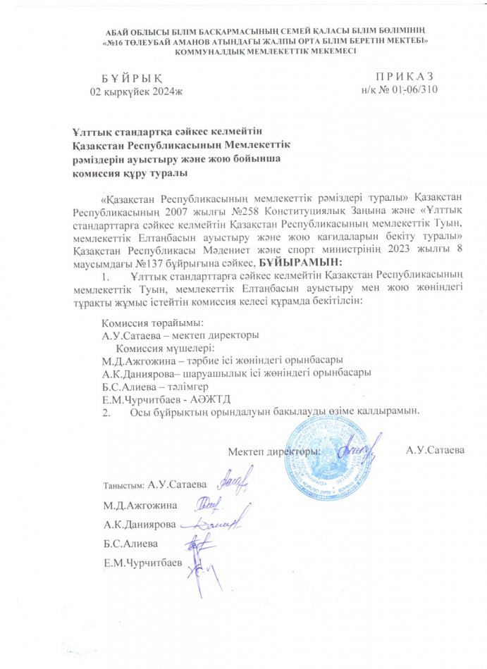 Бұйрық 02.09.2024ж ҚРМ рәміздерді ауыстыру және жою бойынша комиссия құру